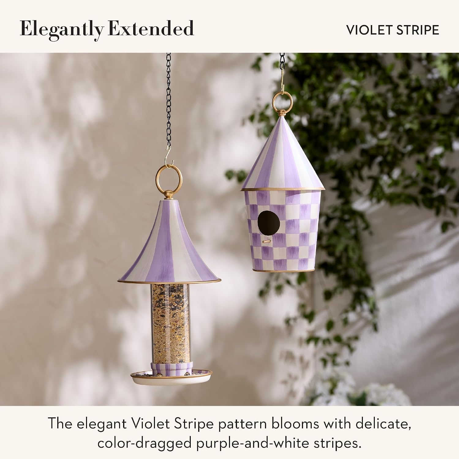 MACKENZIE-CHILDS Bird Feeder, Decorative Metal Bird Feeder for Outdoors, Purple-and-White Violet Stripe