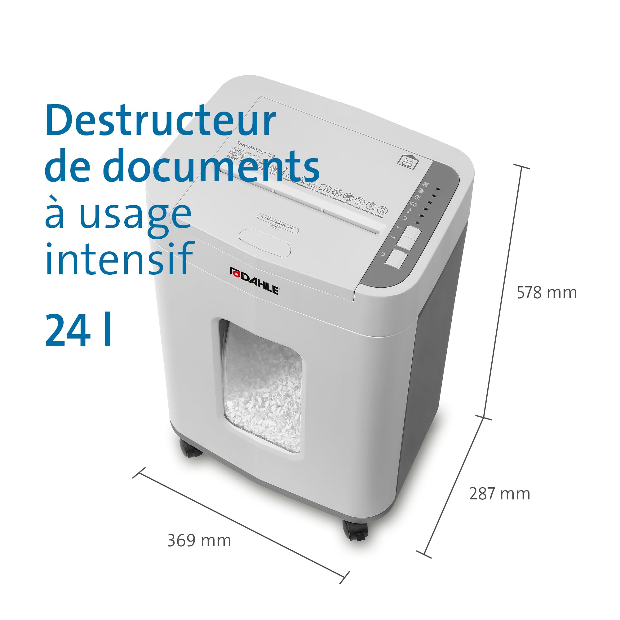 Dahle ShredMATIC 150 Destructeur Automatique (150 Feuilles, Fonctionnement sans Huile, Anti-bourrage, Coupe croisée, pour la Maison et au Bureau) 24L Blanc/Pig