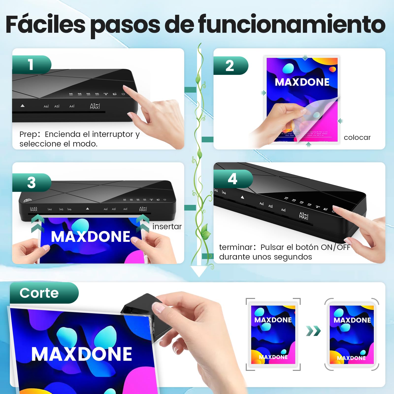 Máquina de Laminadora Plastificadora A3 A4 A5 A6 con 6 Modos y Apagado Automático Frío y Caliente