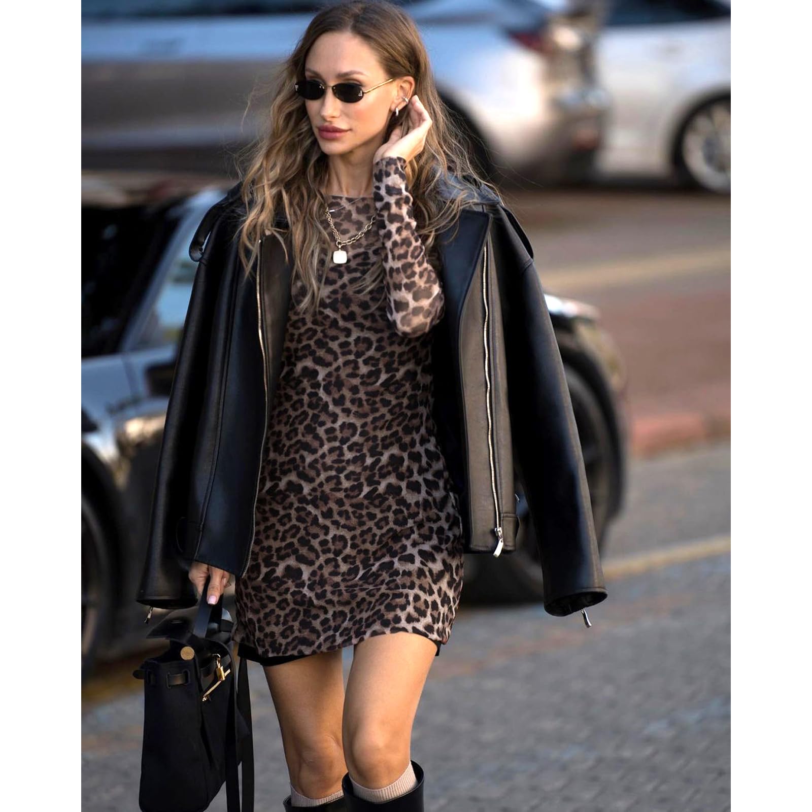 Robes Clubbing femmeAOWVUTS Robe Femme Sexy à Manches Longues Mini Robes Motif Léopard Robe Courte Moulante Col Rond Chic