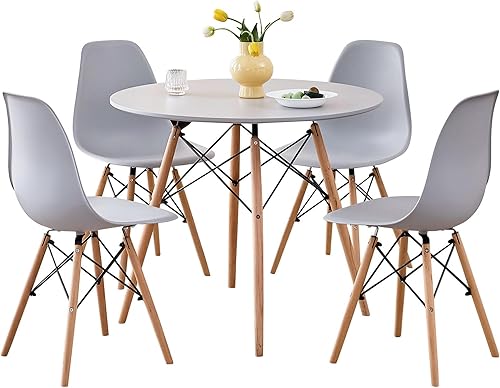 Juego de mesa de comedor redonda de 5 piezas, juego de mesa de cocina pequeña de 35.5" con 4 sillas que ahorran espacio, asientos de plástico, patas