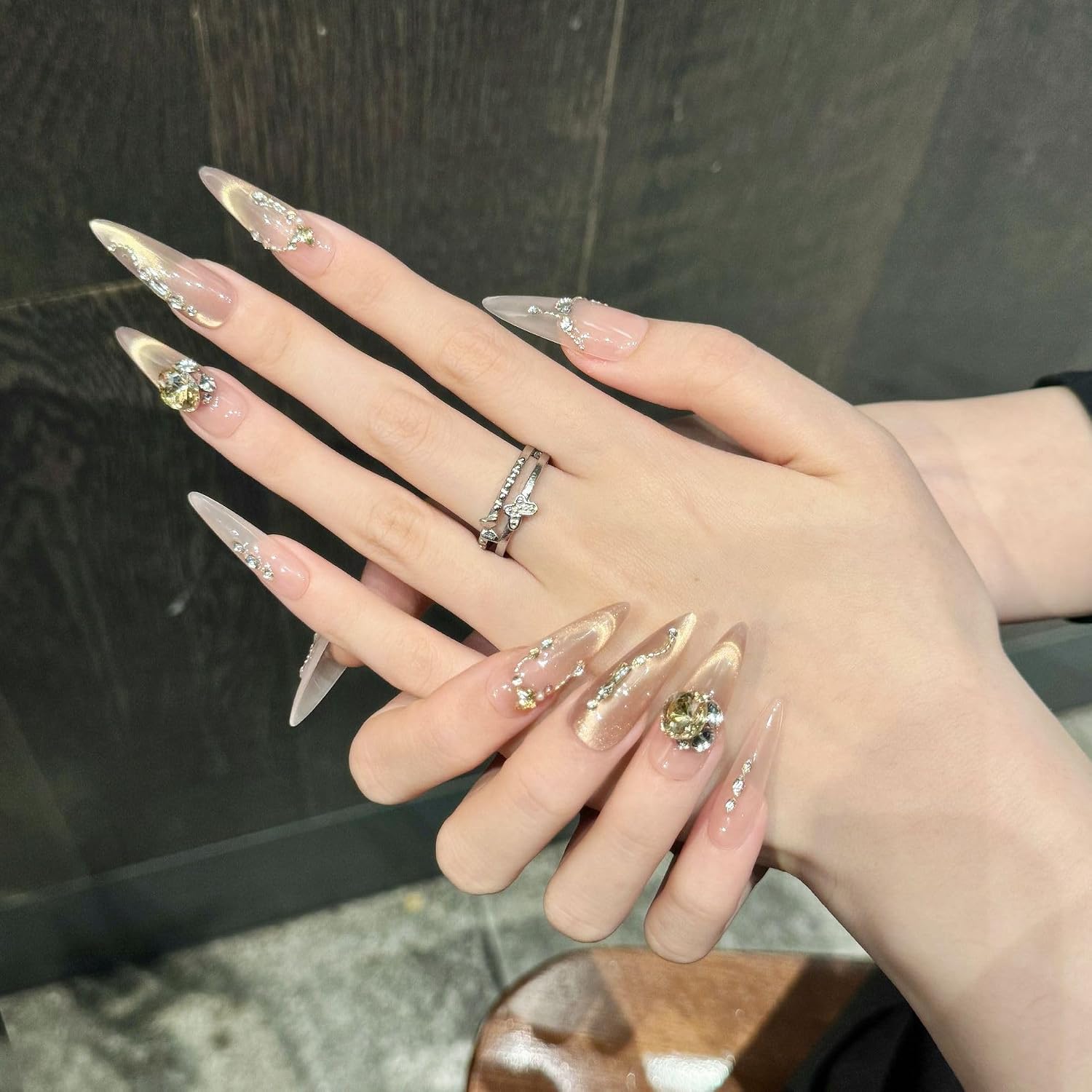 Handcrafted Champagne Cat Eye Press On Nails with Glittering Smile Ribbon Design (XS)