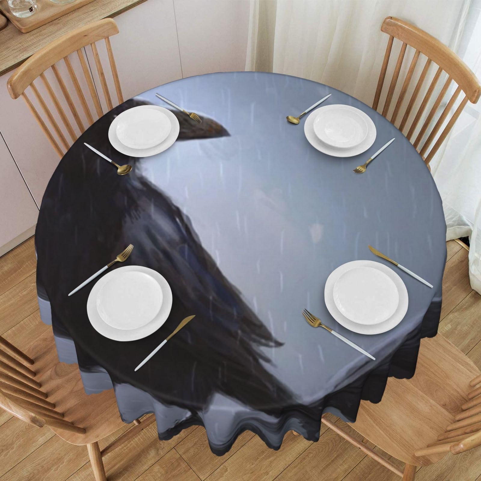 DCEHGEW 60 In Round Tablecloth with Lace, Ravens Printed Oilproof & Washable Fabric Picnic Table Cloth Table Covers