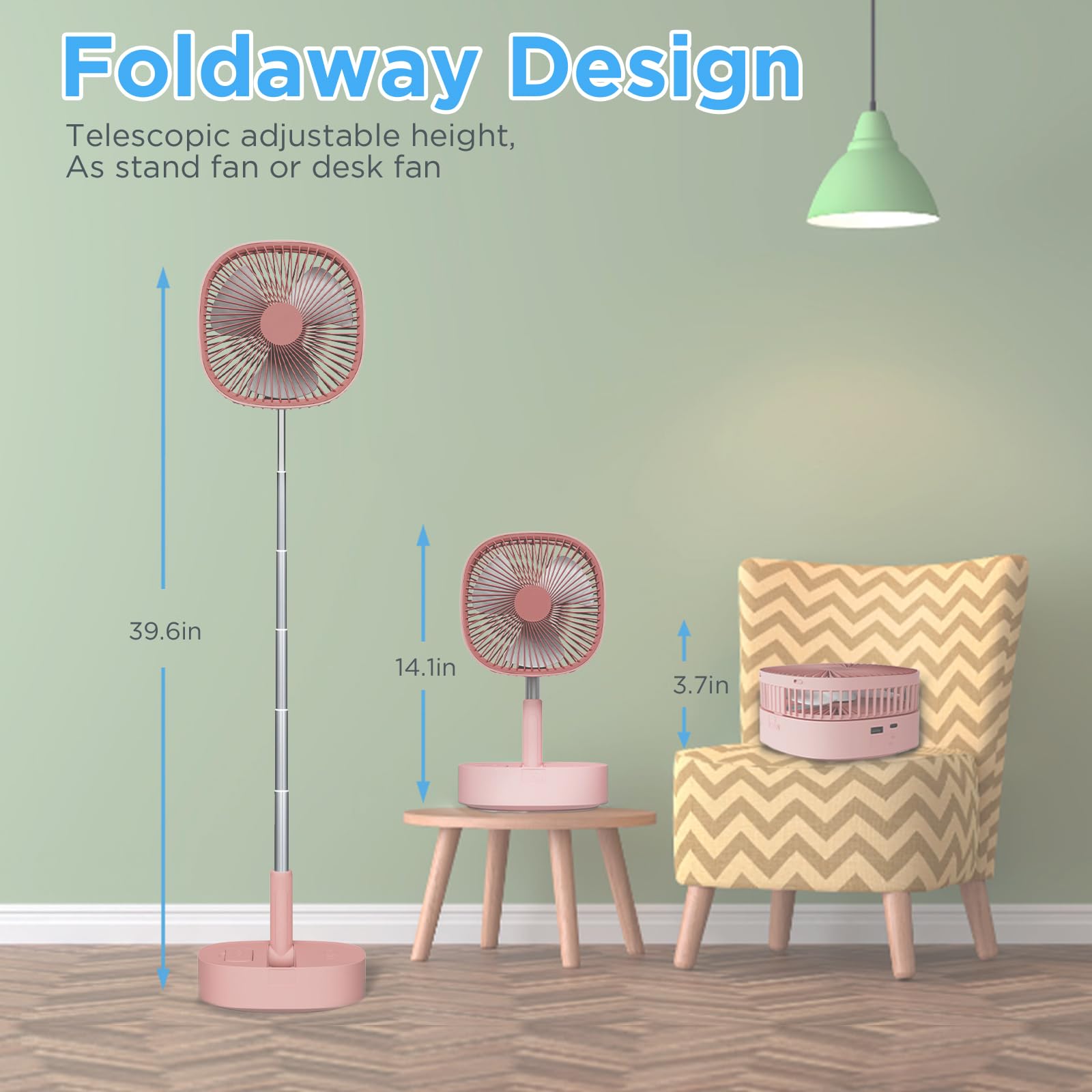 Ventilador de pedestal oscilante portátil y remoto, rotación de 120°, ventilador plegable 3 en 1, ventilador de escritorio, antideslizante 7200 mAh recargable, telescópico de 4 velocidades, 4