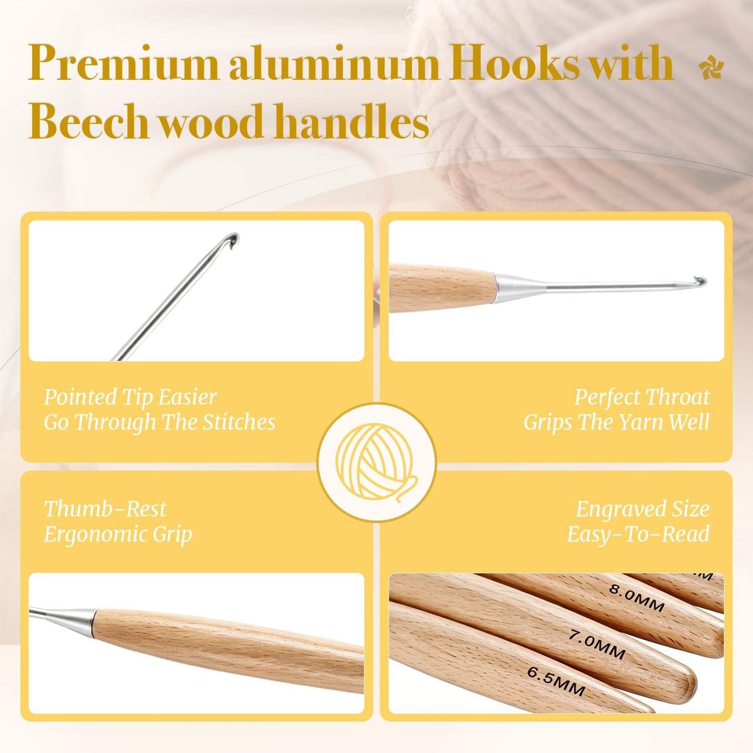 Yarniss Large Crochet Hooks Set, Beech Wood Ergonomic Handle Large Crochet Hooks 6.5mm-12mm Size K L M N Q, Complete Crochet Supplies