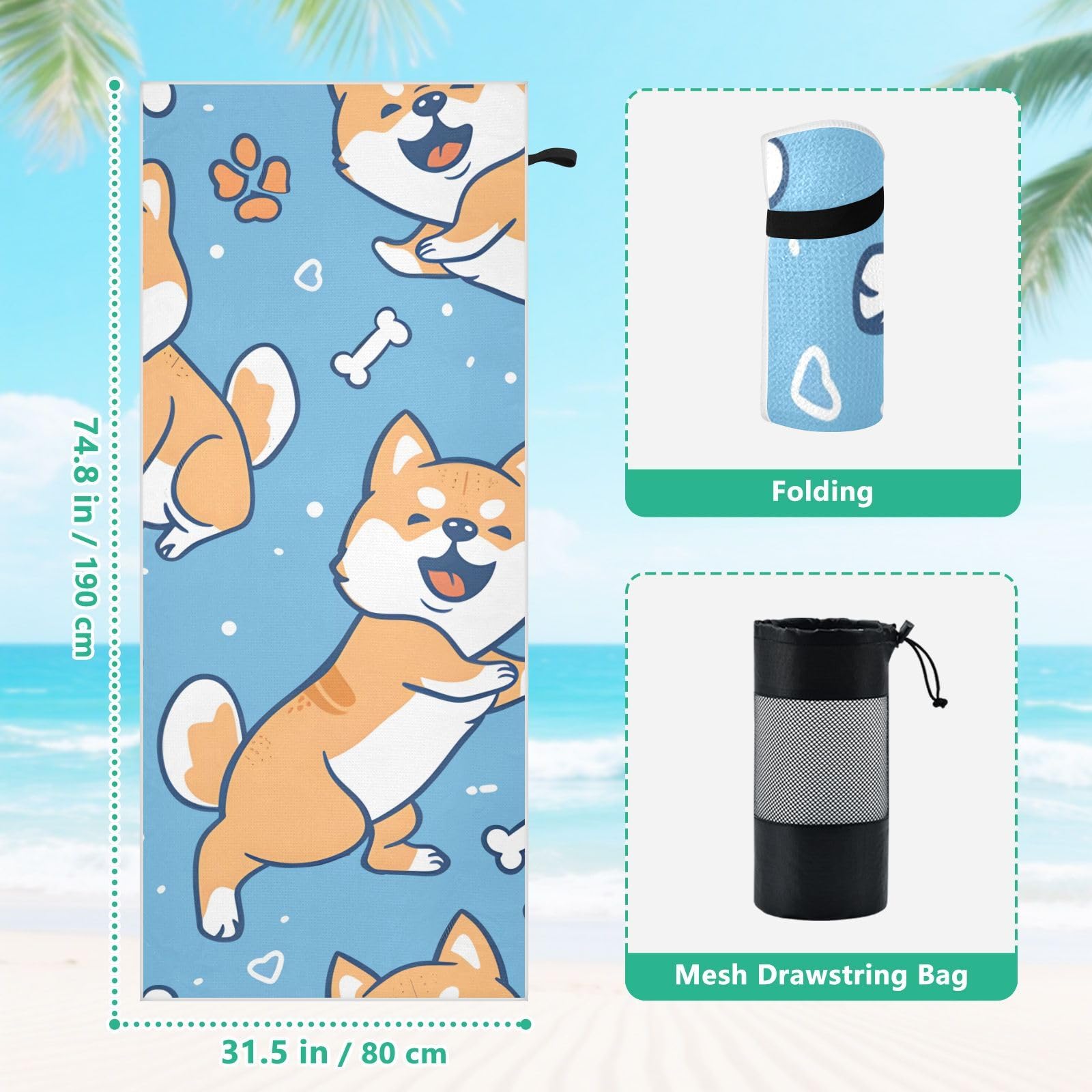 Toallas de playa grandes con bolsas de malla para adultos, lindo perro Shiba con huesos, toalla de baño con cierre magnético, toalla absorbente de secado rápido para piscina, camping y viajes
