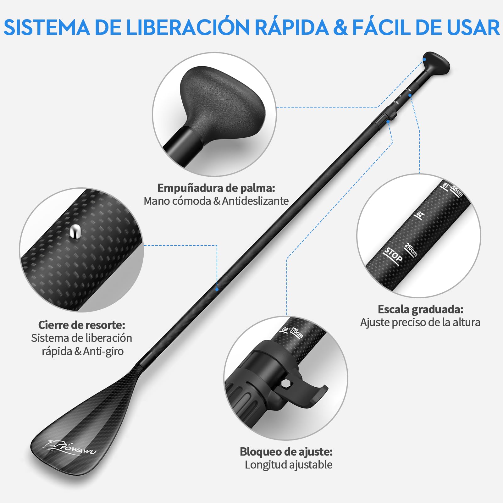 FOWAWU 3-Parte Remo Paddle Surf Semi-Carbono/Carbono Pala Sup Paddle Telescopic 160cm–210cm para Tabla de Surf Canoa Sup, Ligero y Portátil