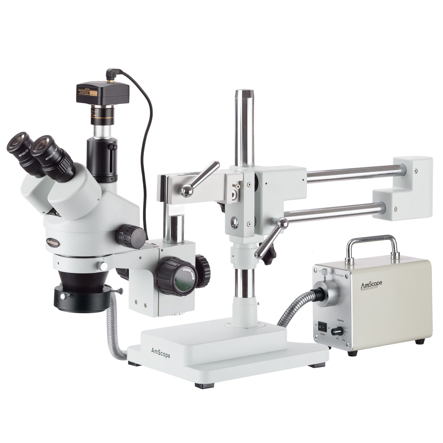 AmScope 3,5 x -90 X simul-focal trinocular Boom Microscopio estéreo con LED cable de luz y cámara de 5 MP