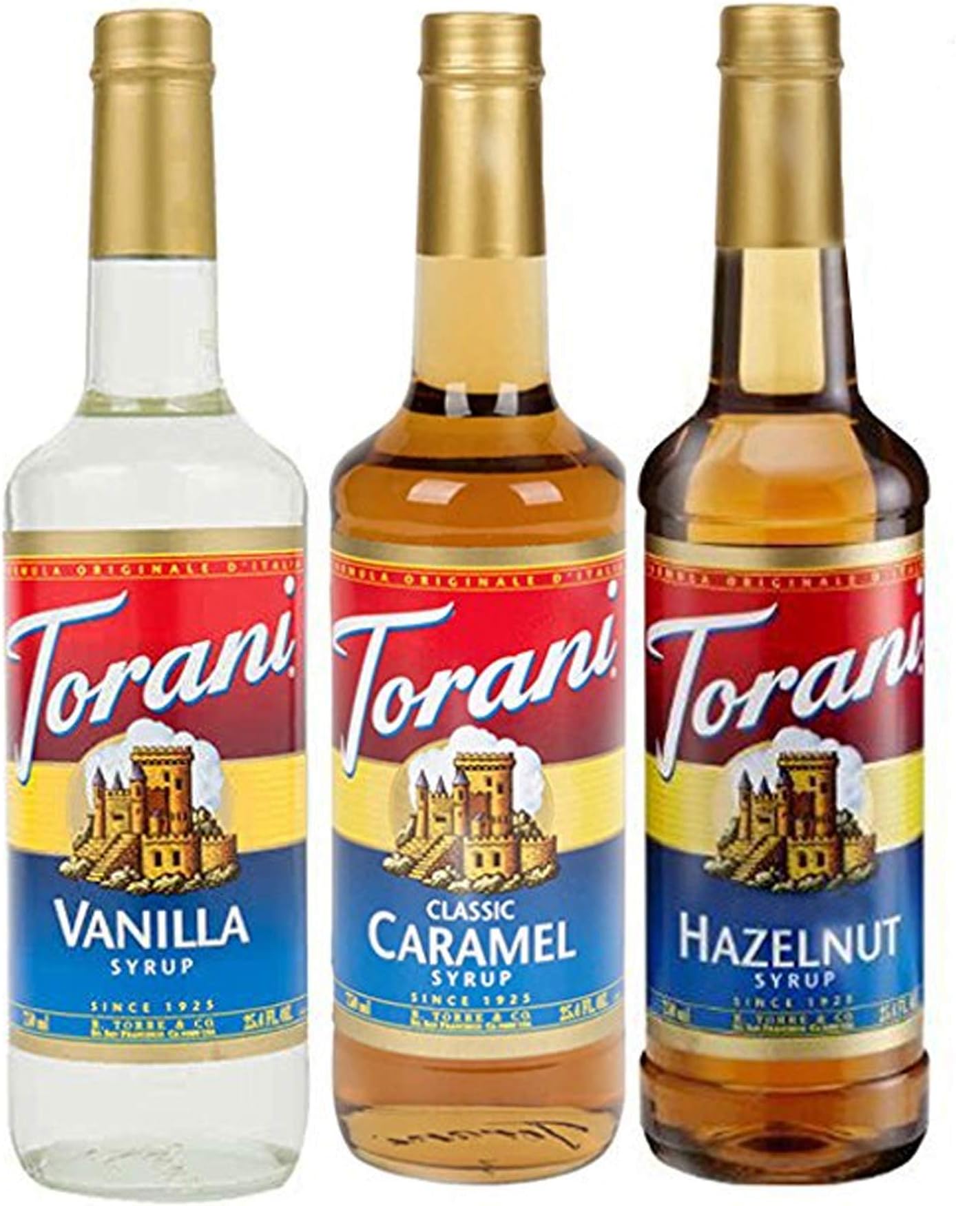 Torani Syrup Coffee Variety Pack - Vanilla, Caramel Classic, Hazelnut Classic, 3-count, 25.4-ounce Bottles for Coffee, Desserts and Smoothies