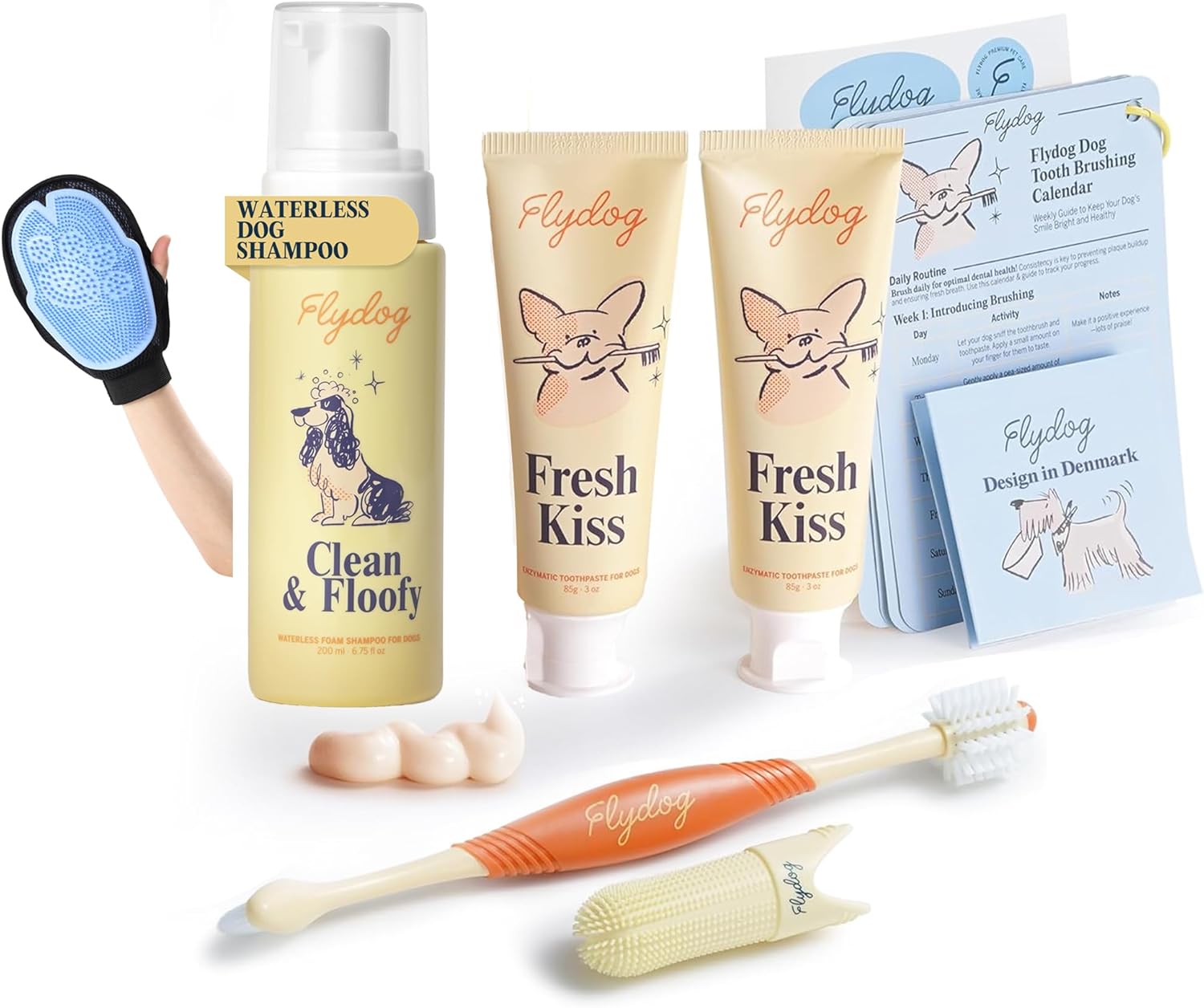 FlyDog Dog Grooming & Dental Care Kit, Dog Toothpaste & Toothbrush Set + Waterless Dry Shampoo Foam with Grooming Glove, Odor Control, Plaque & Tartar Removal, Fresh Breath, Coconut