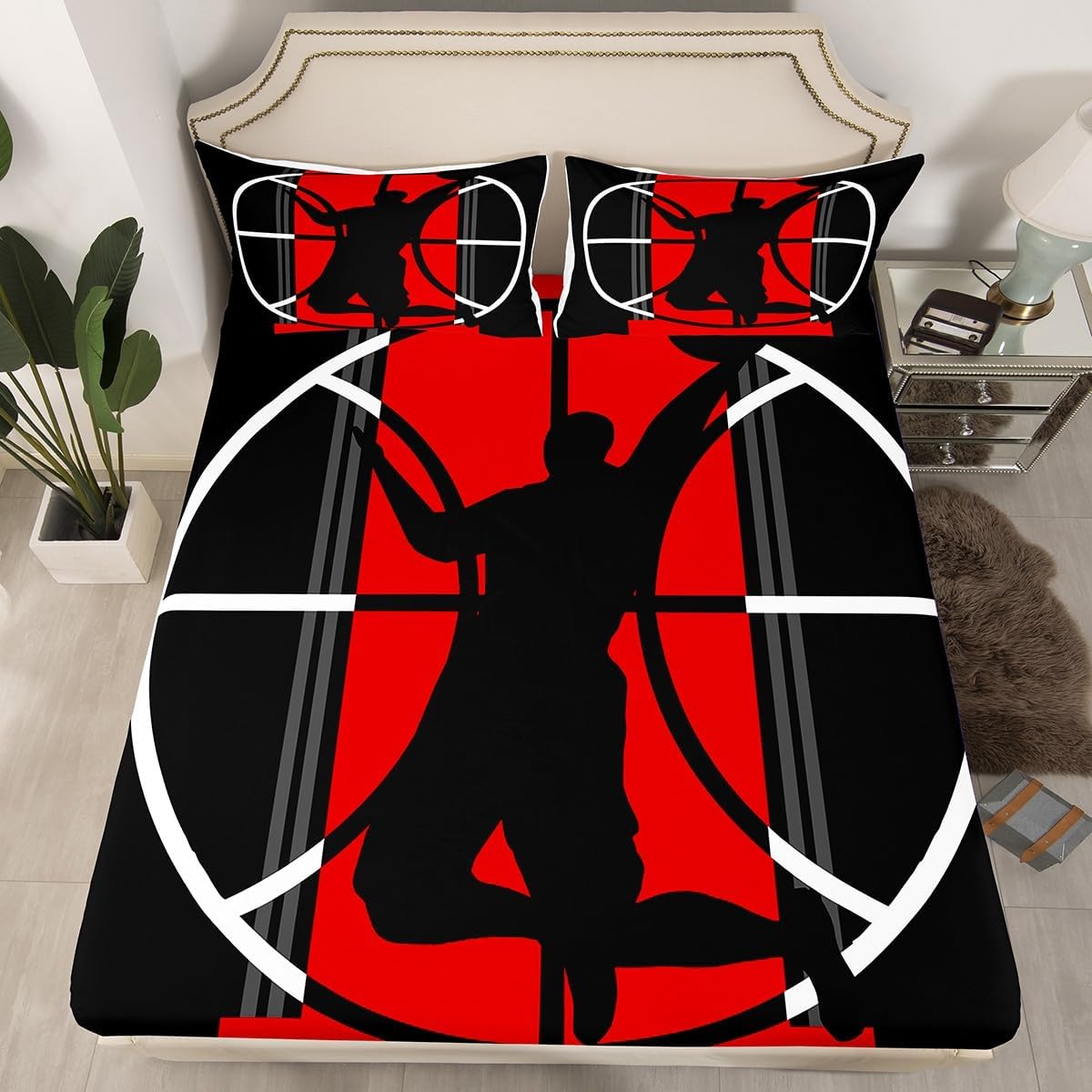 Basketball Bed Sheet Set Kids Sports Games Sheets Set 4pc Red and Black Microfiber Soft Bedding Set,1 Flat Sheet,1 Deep Pocket Fitted Sheet,2 Pillow Cases（Queen Size）