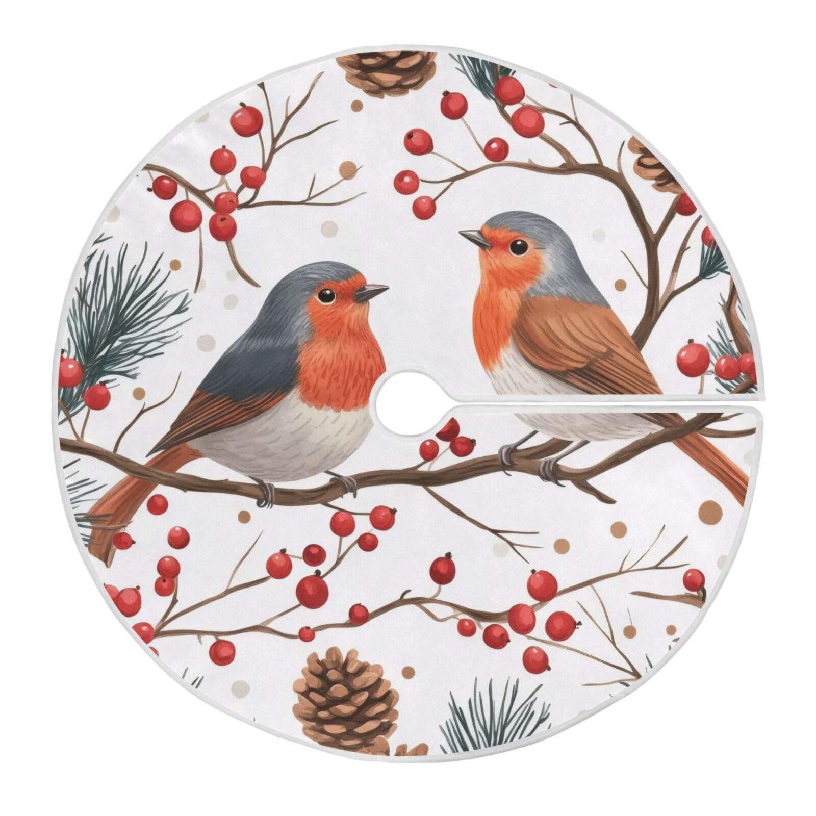 TPRDHK 36 Inch Soft Plush Christmas Tree Skirt,Christmas Robin Round Xmas Tree Mat for Holiday Part Xmas Halloween Tree Decoration