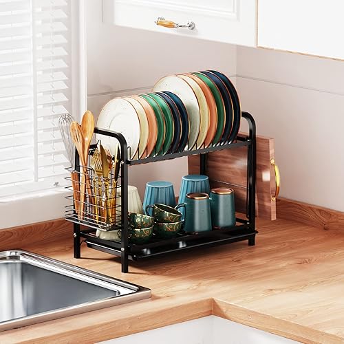 Miniatura 2 de GSlife Escurridor de platos, 2 niveles resistente al óxido con escurridor compacto con soporte para utensilios, soporte para tabla de cortar para