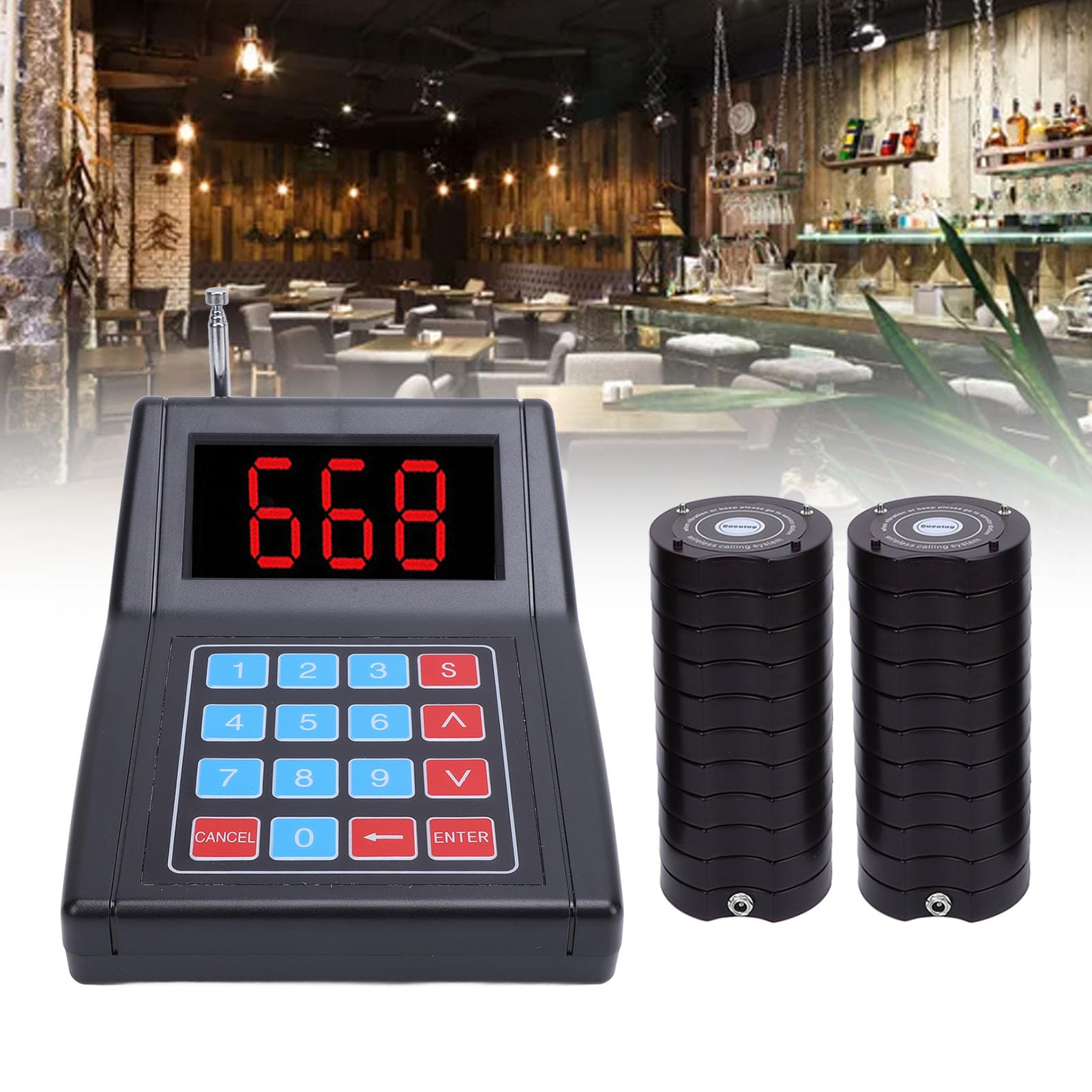 SU-668 Restaurant Pager System, 20 Pagers Buzzers with Vibration, Flashing, Queue Paging System, Cordless Customer Guest Calling System for Business Servers (Black)
