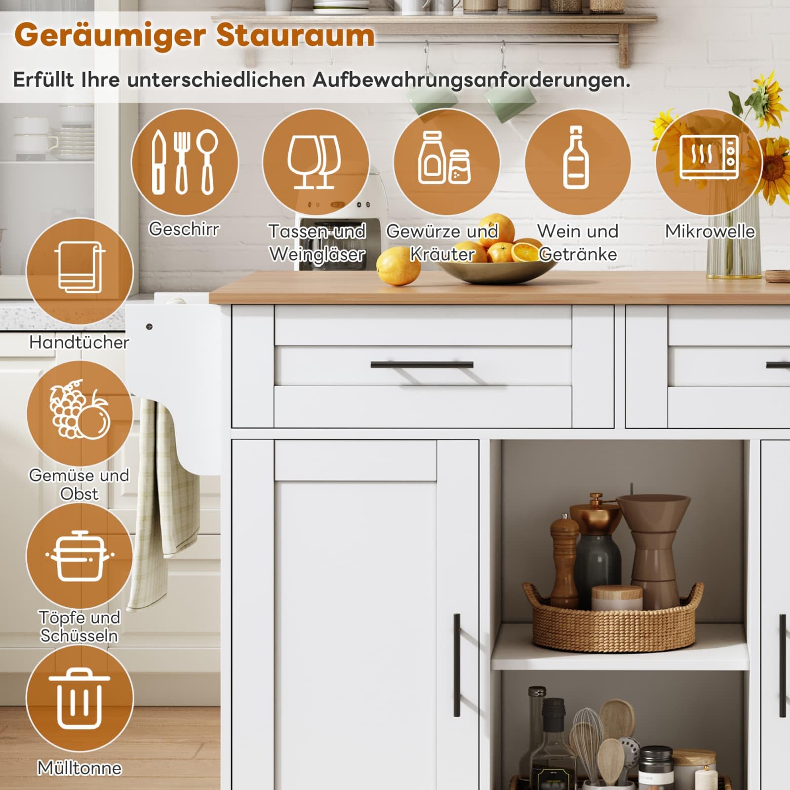 KOMHTOM ilot de Cuisine Moderne, Armoire de Cuisine, Chariot de Salle à Manger, Plateau de Table Pliable, 3 tiroirs, 2 Portes, étagère de Rangement et Porte-Serviettes (Blanc-10)