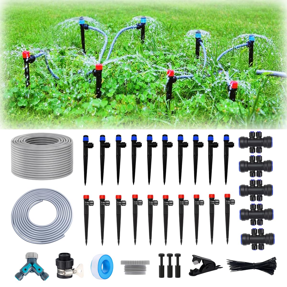 Kit di irrigazione a goccia da 82 m, emettitore di irrigazione a goccia da 1/4", emettitore di irrigazione a goccia a forma di ventola, sistema di irrigazione a goccia automatico a connessione rapida