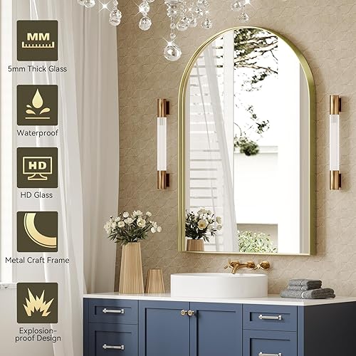 Miniatura 3 de Brightify - Espejo arqueado de 22 x 30 pulgadas, espejo dorado con marco de metal, espejo de pared arqueado para baño, espejo de tocador con parte