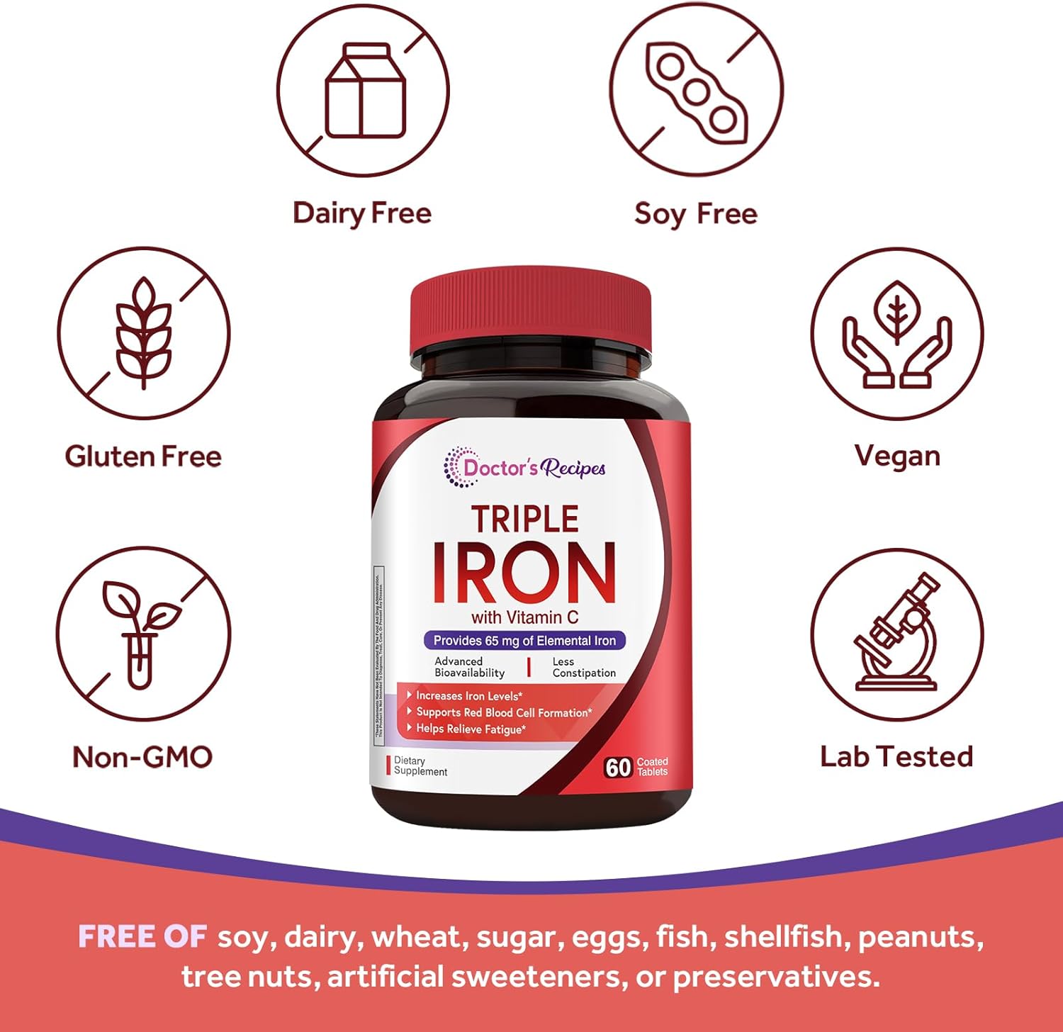 Doctor's Recipes Iron Supplement for Women & Men, 65mg from Ferrous Bisglycinate Sulfate Carbonyl Iron, Non-Constipating, Vitamin C for Optimal Absorption, Energy, Blood Support, 60 Tabs - Image 5