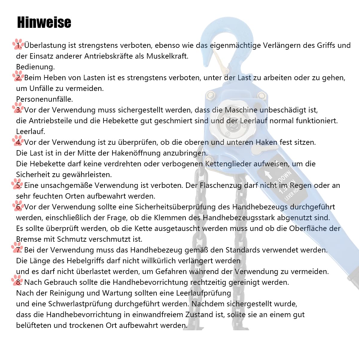 Hebelzug-Kettenzug 1.5T, 3m Kettenlänge, mit Freilauffunktion | Handseilwinde 1,5T, 3m Kette, Freilauf + Lastbremse, für Bau/Transport.