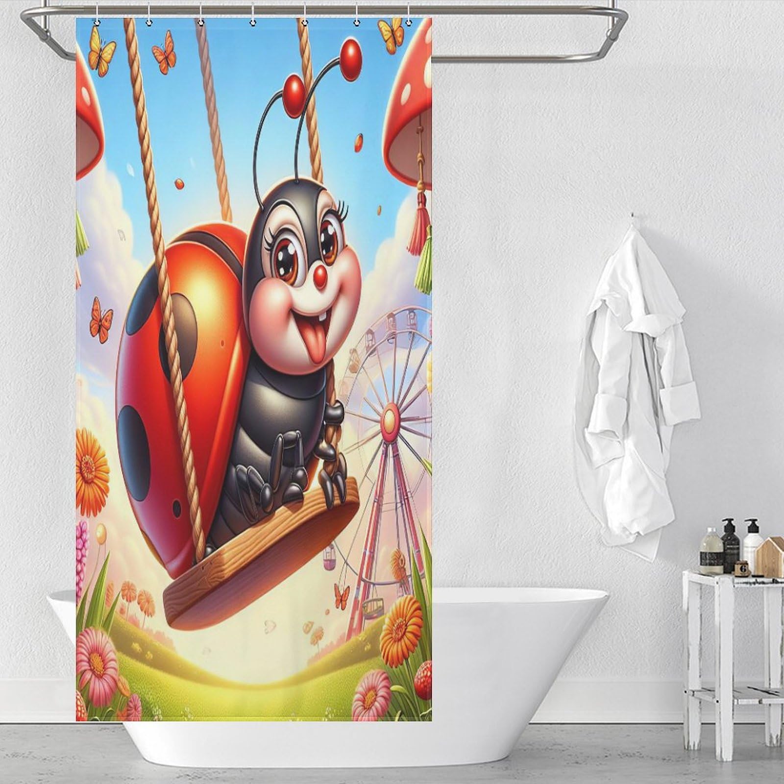 Rideau de douche coccinelle lavable en tissu polyester étanche 92x183cm