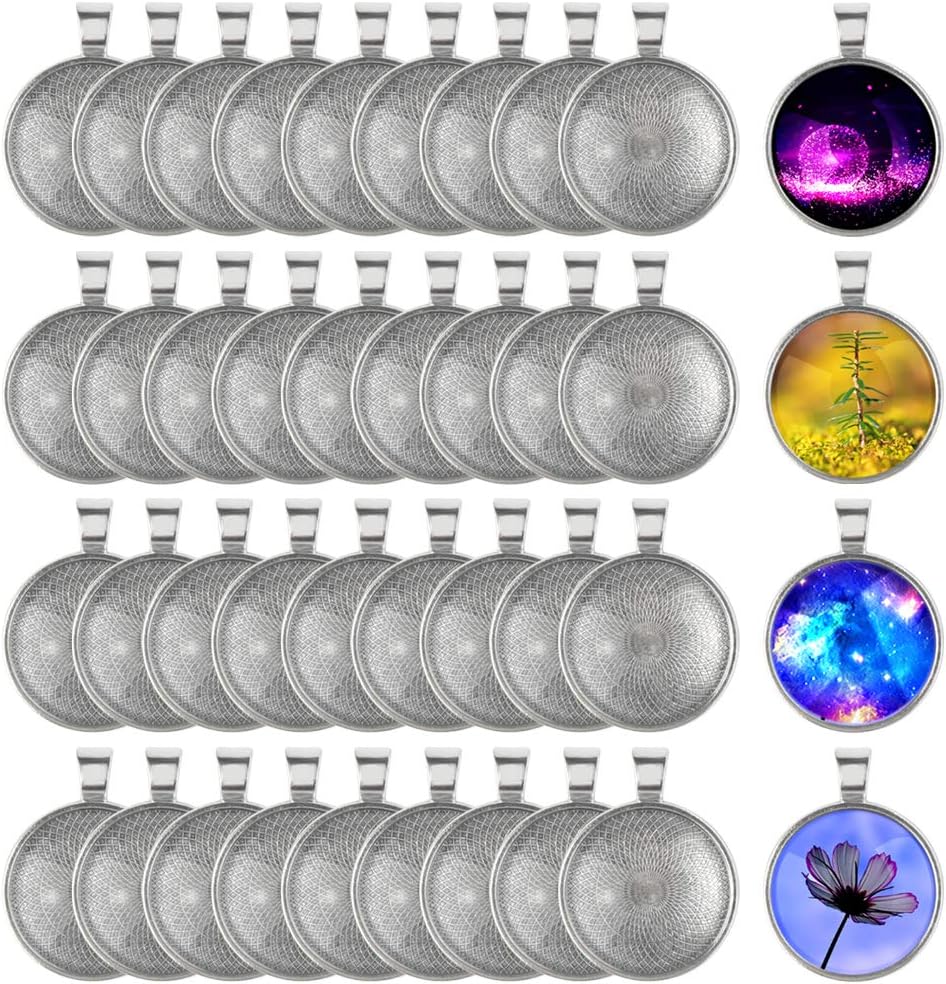 Yolyoo 40 Pcs Silver Pendant Tray with 40 Pcs Transparent Glass cabochons Round Pendant Bezel 1 inch/25mm for Crafting DIY Jewelry Gift Making