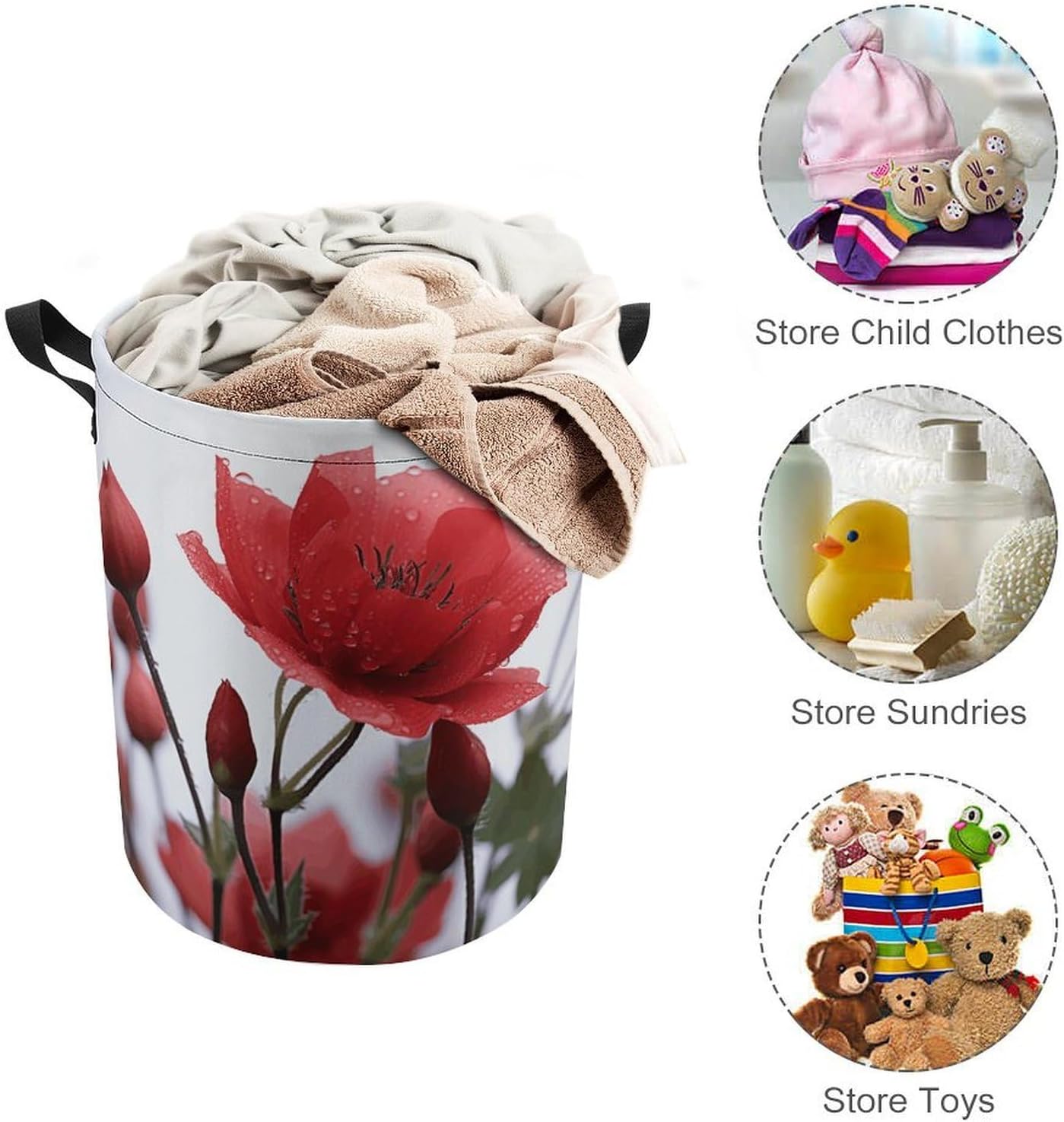 Red Flower Bud Laundry Basket Collapsible Clothes Hamper with Reinforced Handles Large Capacity Waterproof Laundry Bag Freestanding Laundry Hamper for Bedroom Bathroom