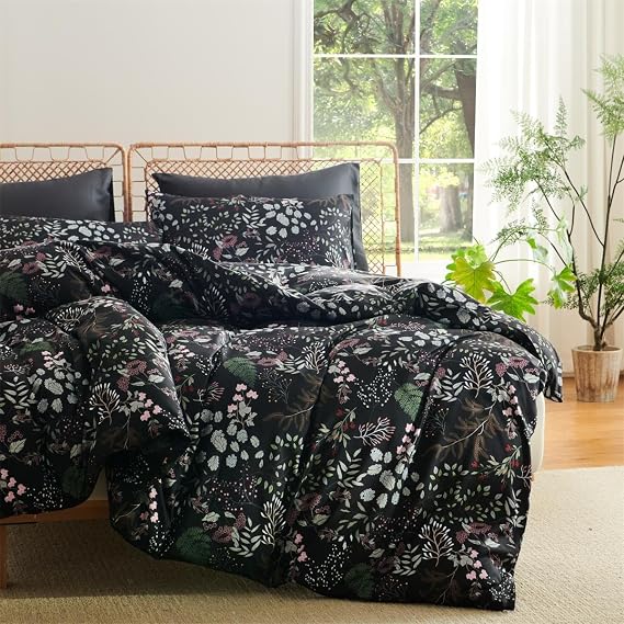 Sedefen Floral Comforter Set Queen Reversible Black Botanical Bedding