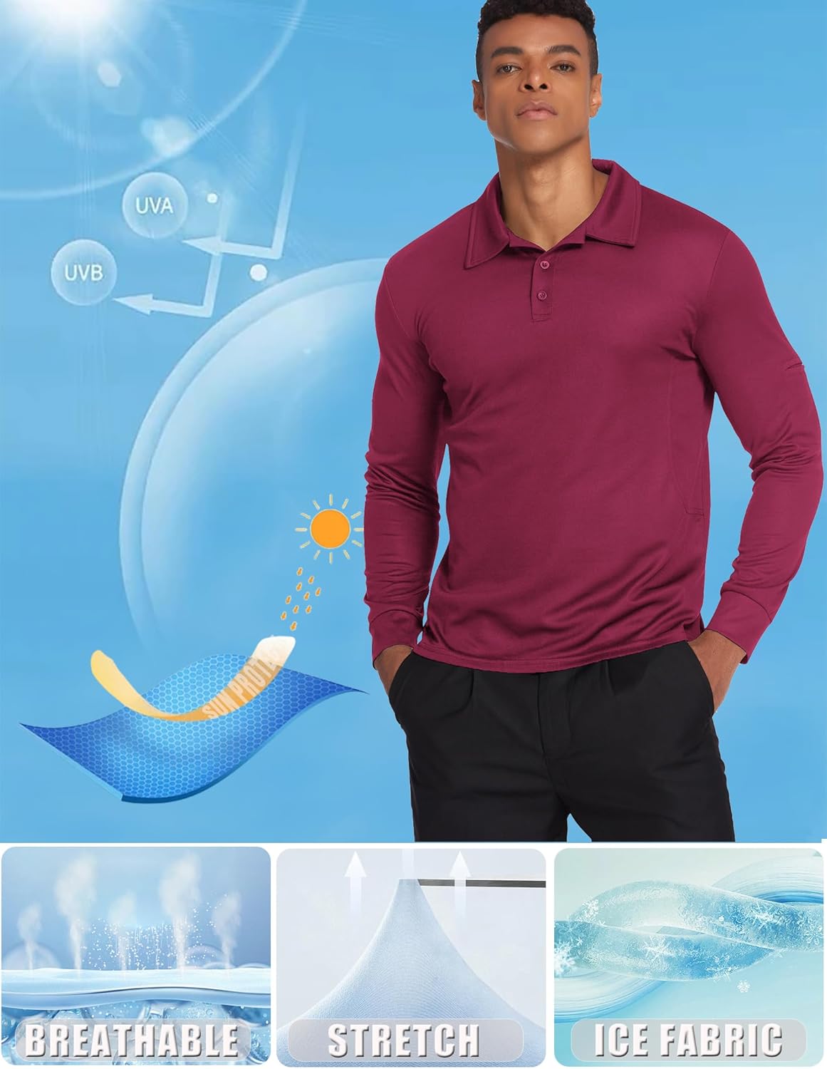 Deyeek Men's Polo Shirts Long Sleeve Golf Polo Shirts for Men Quick Dry UPF 50+ Sun Protection Polos Casual Collared Shirts - Image 5