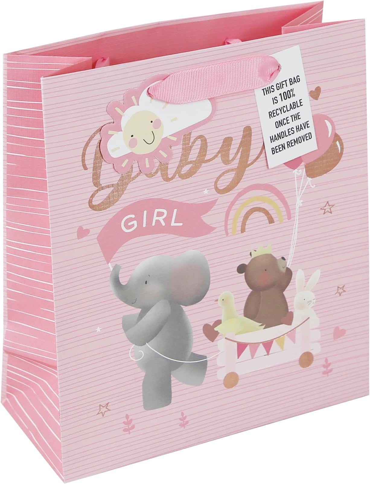 Eurowrap White Kraft Paper Pink Baby Girl Gift Bag With Gift Tag Eco Friendly 100% Recyclable Baby Shower Newborn Gift Wrap Occasion Present Medium