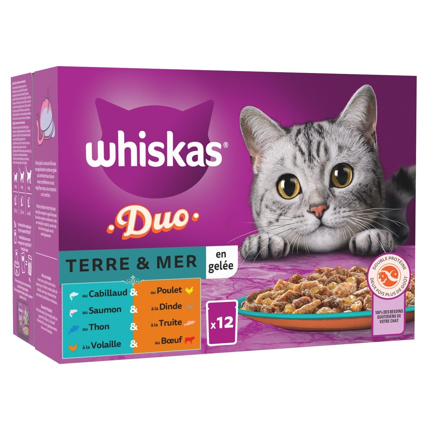 Pâtée pour Chat Adulte en Gelée Cabillaud Poulet Saumon Dinde Thon Truite Duo Terre Mer WHISKAS - la boîte de 12 sachets fraîcheur Lot De 3 - par Lot