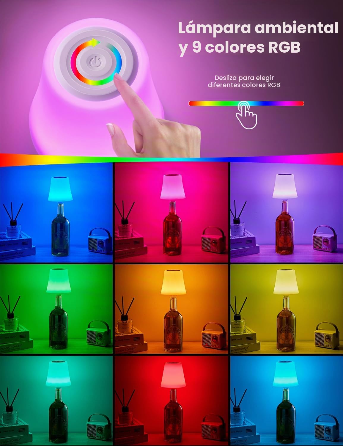 2 Piezas Lámparas para Botella Sin Cable, Lampara LED de Mesa Inalambrica con 3 Temperaturas Color+RGB, Brillo Regulable Recargable USB-C, IP54 Impermeable para Restaurante (Sin incluir Botellas)