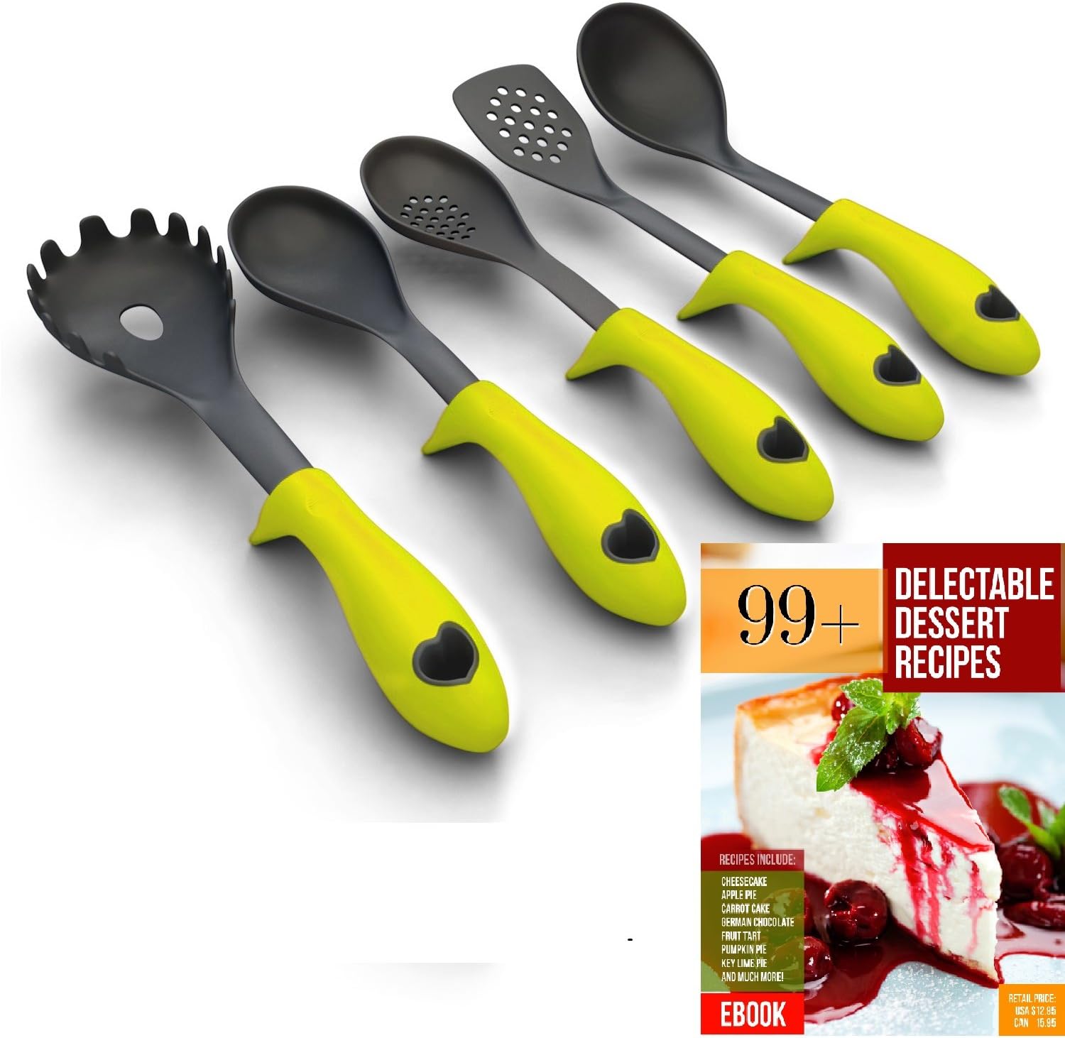 Kitchen Cooking Utensils with Built-in Stand, College Starter Set, Green, Set of 5, Recipe Ebook