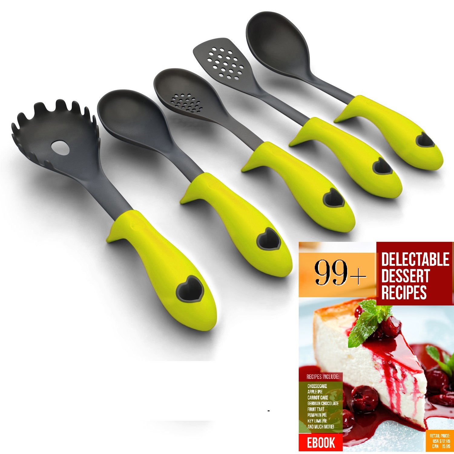 Kitchen Cooking Utensils with Built-in Stand, College Starter Set, Green, Set of 5, Recipe Ebook
