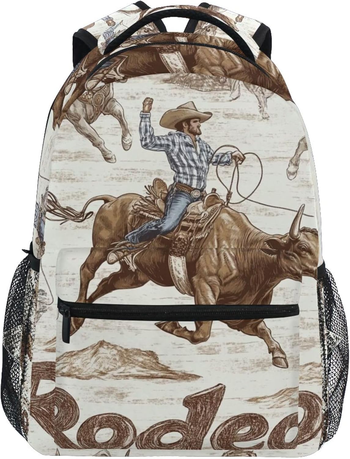 Cowboy Rodeo Pattern Backpack Laptop Tablet Travel School Bag with Name Tag for Boys Girls Teens