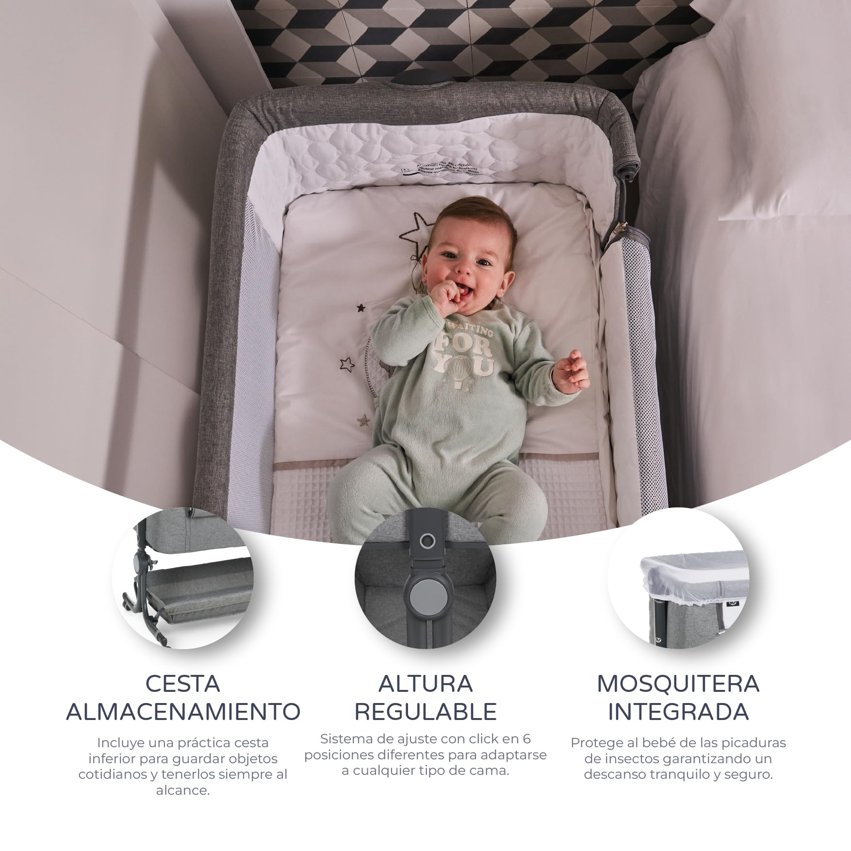ms BabyWorld – Minicuna Colecho Comfy – Regulable multialturas y reclinable | Colchón Incluido | Mosquitera de Serie | Seguridad y Confort para bebé