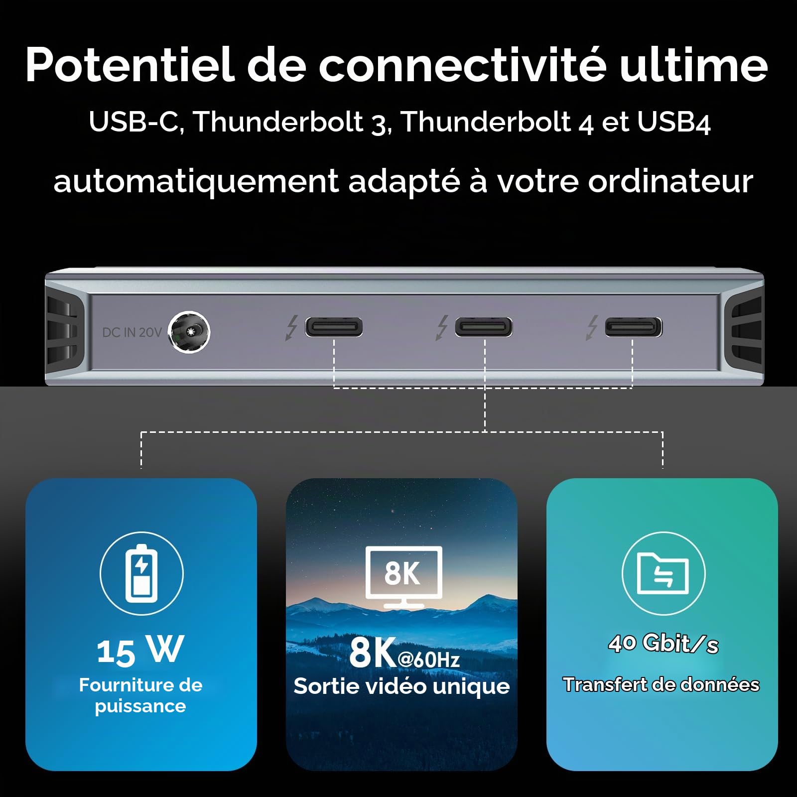 Station d'accueil Thunderbolt 4, WAVLINK USB C Hub avec Double Affichage 4K@60Hz, 100w Power Delivery, USB-A 3.2 Gen 2, pour MacBook Pro/Air M1 M2 M3, Ordinateur Portable Thunderbolt 4/3