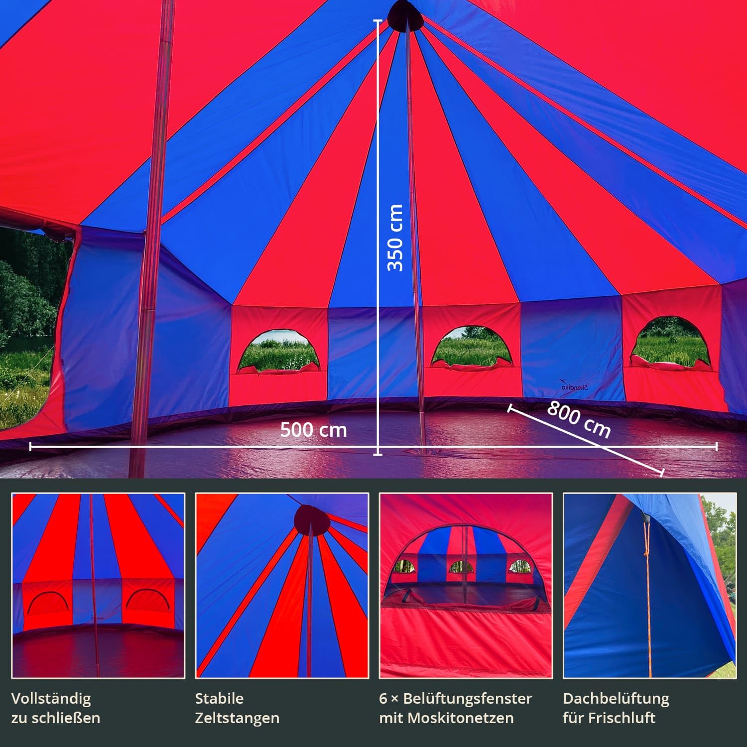Skandika Eventzelt Morsom für bis zu 22 Personen | Großes Partyzelt mit eingenähtem Zeltboden, Tipi, 8 x 5 m, 3,5 m Stehhöhe, wasserdicht | Zelt für Camping, Veranstaltungen, Partys, Festzelt