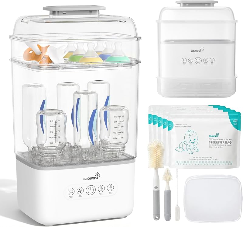 Grownsy Esterilizador y secador de biberones que ahorra espacio con juego de viaje | Capacidad para 6 a 8 biberones y piezas de bomba, diseño anidado, desinfección y secado rápidos, almacenamiento autoestéril para todas las etapas de alimentación