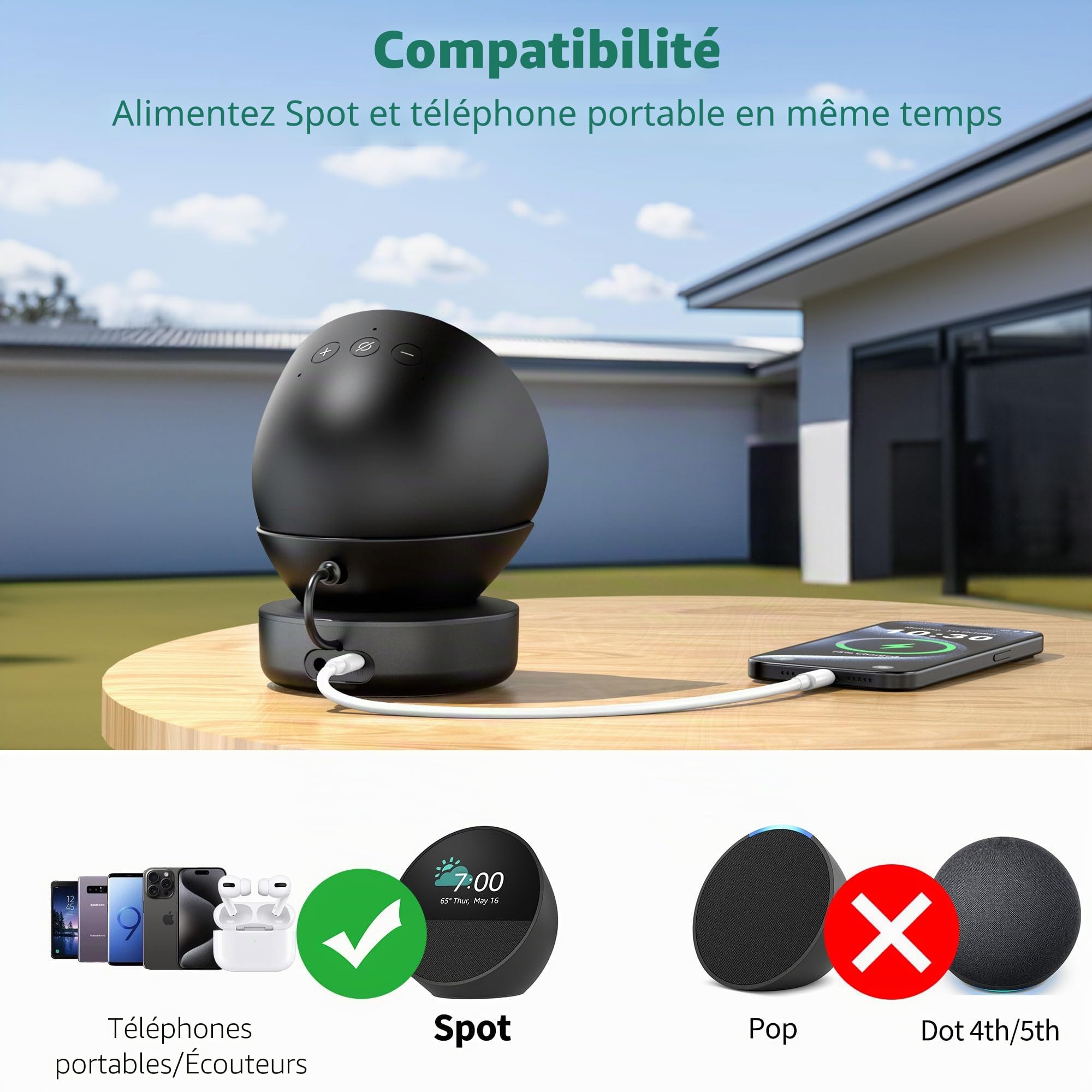 PlusAcc Station de batterie portable pour spot, support de batterie rechargeable avec port de charge USB-C Power Bank pour iPhone (noir)
