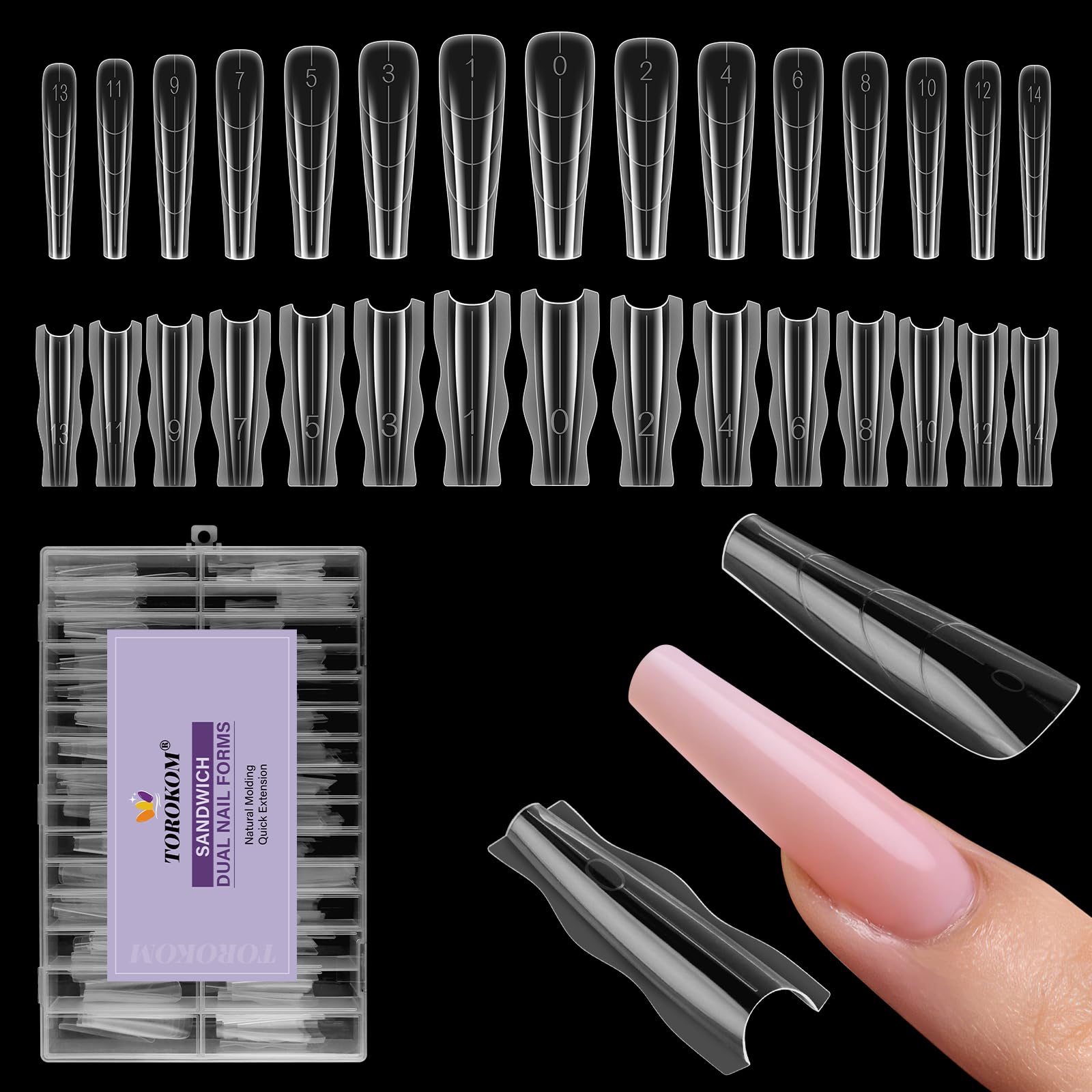 TOROKOM 240 PCS Forme Unghie Sandwich Dual, Stampi per Estensioni Rapide, Senza Forme di Carta, 15 Misure Riutilizzabili in Plastica per Builder Gel & Polygel (Trapezi)