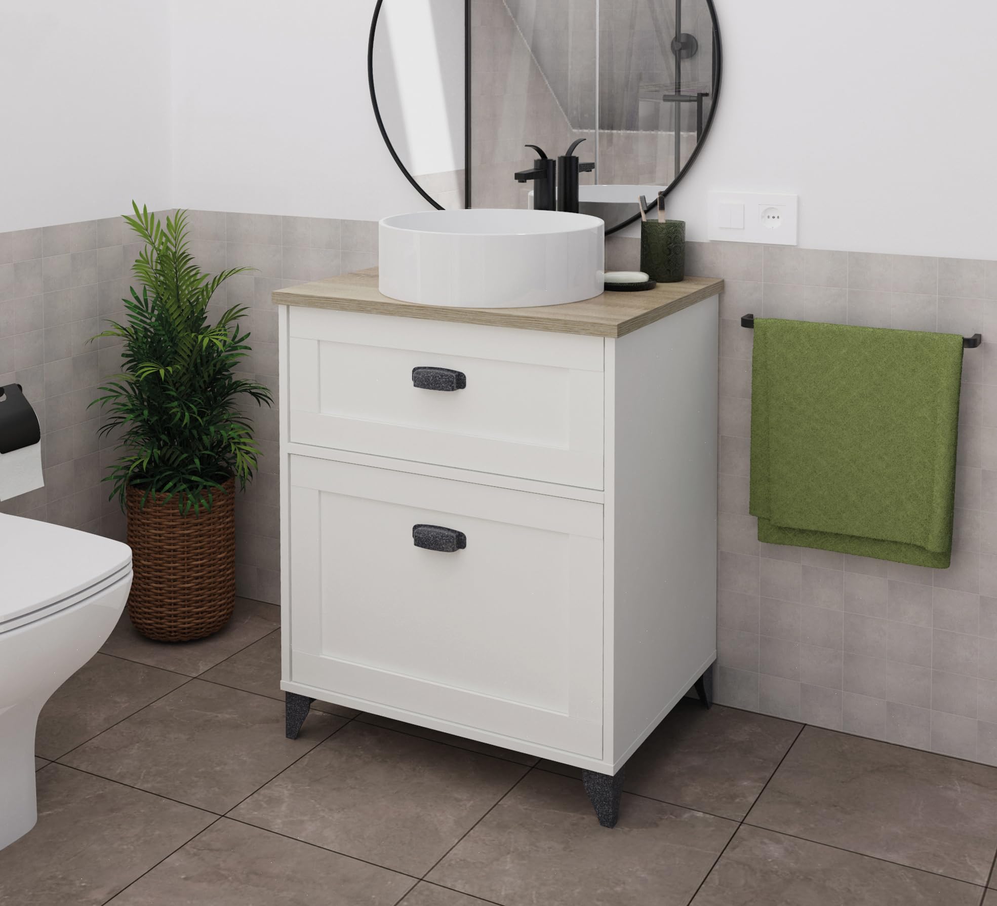 MUEBLES PITARCH Mobile da bagno 60 cm larghezza con gambe, cassetto guide chiusura morbida, 1 porta, per lavabo da sovrapposizione, bianco e rovere cambriano, stile vintage modello Toscana