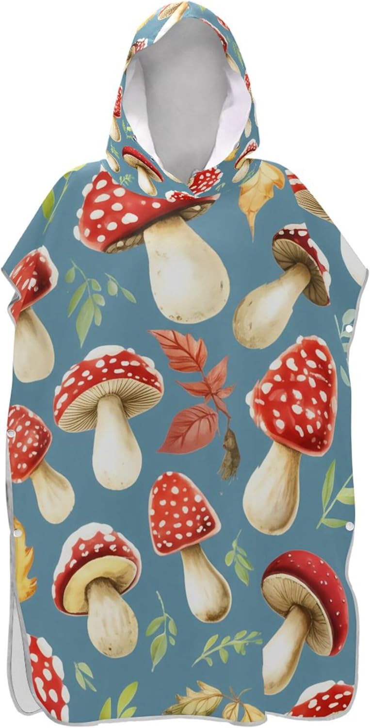 Surf Poncho Changing Robe for Adul Hooded Swim Towel Cute Wearable Mushrooms Leaves Gray Blue Womens Ponchos with Hood
