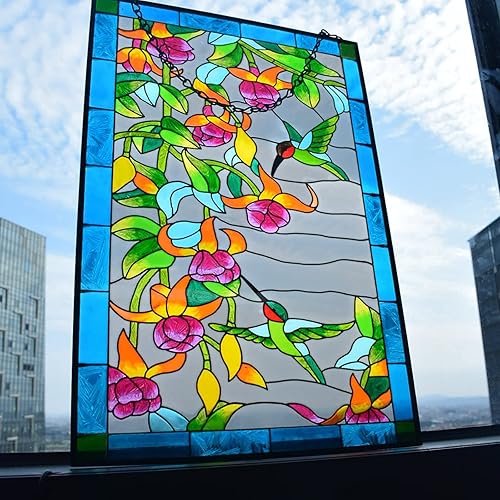 Miniatura 2 de VEWOGARDEN Atrapasoles de cristal artístico de pavo real de 10 x 15 pulgadas de alto, pintado a mano, decoración de panel con cadena