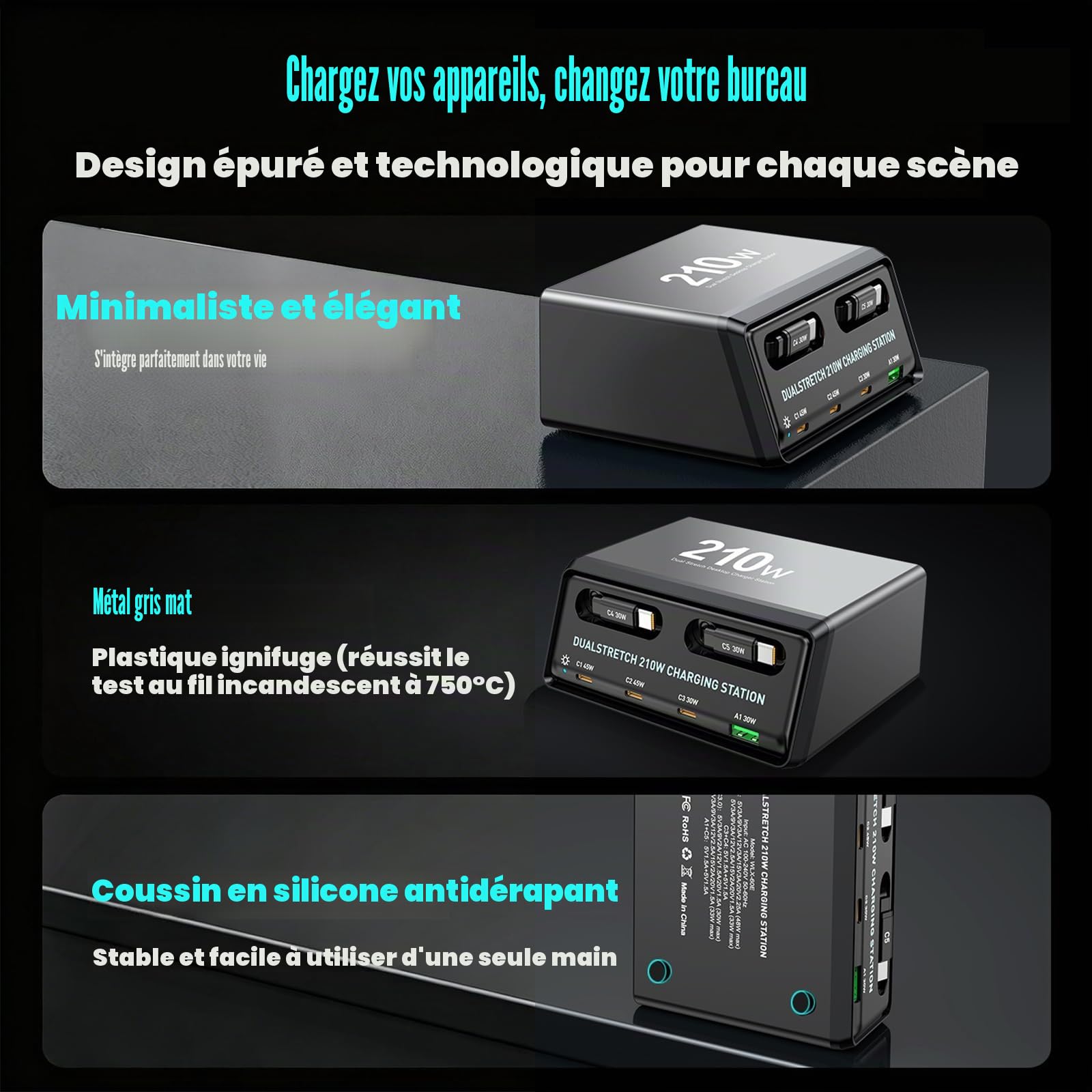 Chargeur GaN 210W, avec 2 câbles rétractables, station de charge USB-C à 6 ports (5C 1A), double port 45W pour MacBook et ordinateur portable, charge rapide pour voyage, compatible avec iPhone, iPad