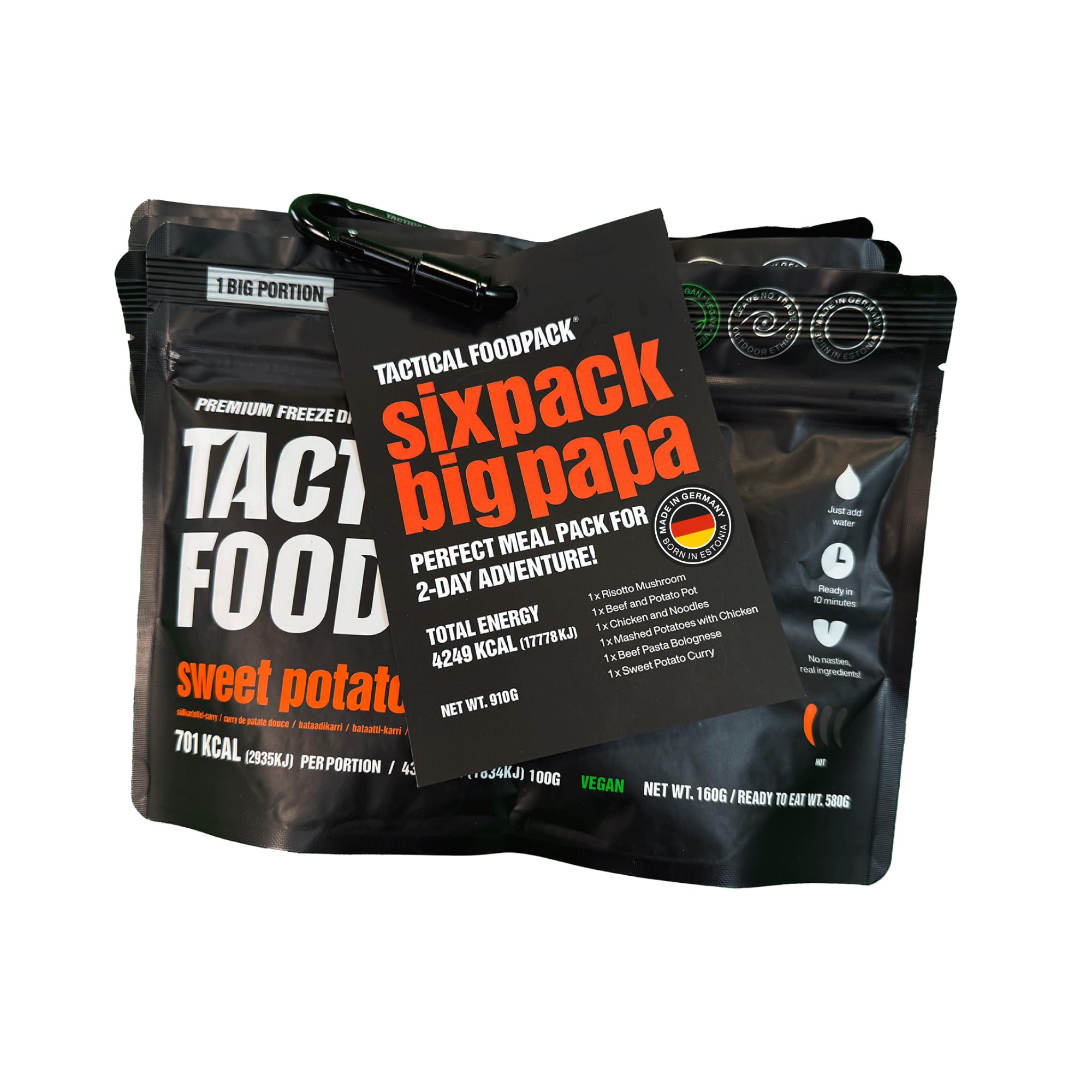 Tactical?Foodpack?Sixpack?Big?Papa – Pack de supervivencia 6?raciones?XL?(4?249?kcal)?|?Comida liofilizada lista en?5?9?min para emergencias, senderismo y aventuras