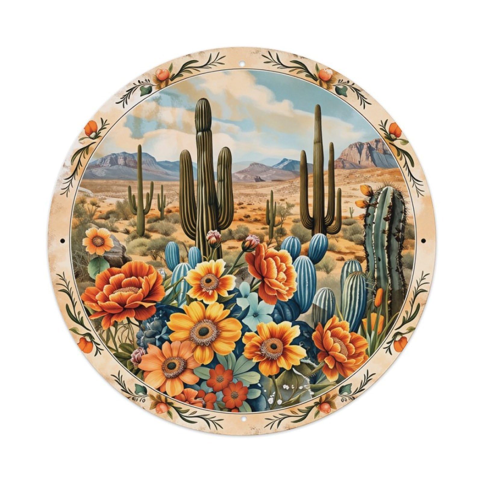 Desert Landscape Cactus Flowers Sky Round Tin Sign Retro Metal Sign for Cafe Bar Pub Home Game Room Gym Club Wall Decoration Vintage Metal Poster 8x8 Inch