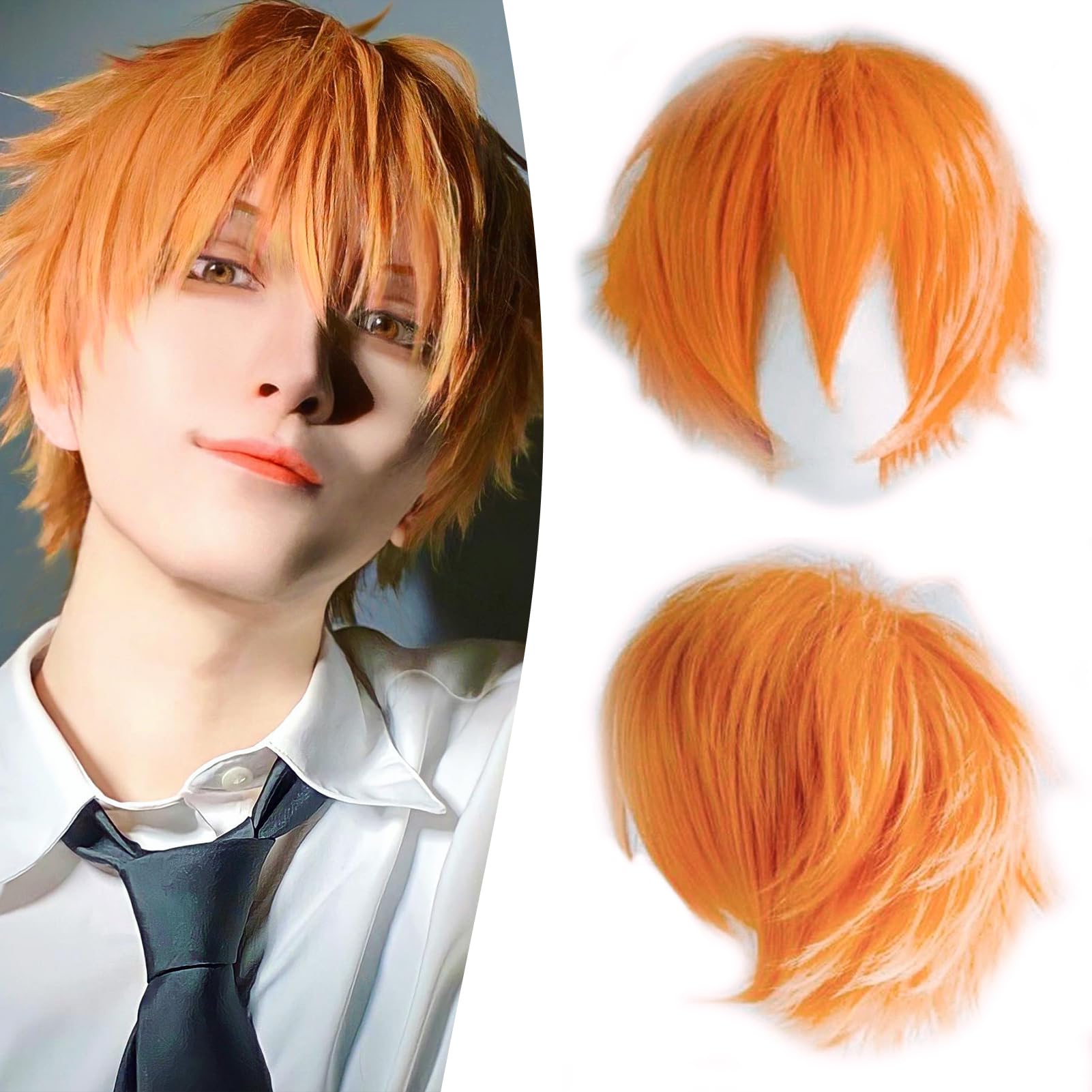 Dcbaboo Orange Wig Short Curly Wig Men/Women Wigs Anime Cosplay Wig 12" Natural Fluffy Layered Straight Hair Unisex Halloween Wig Fancy Dress Synthetic Full Wig with Wig Cap