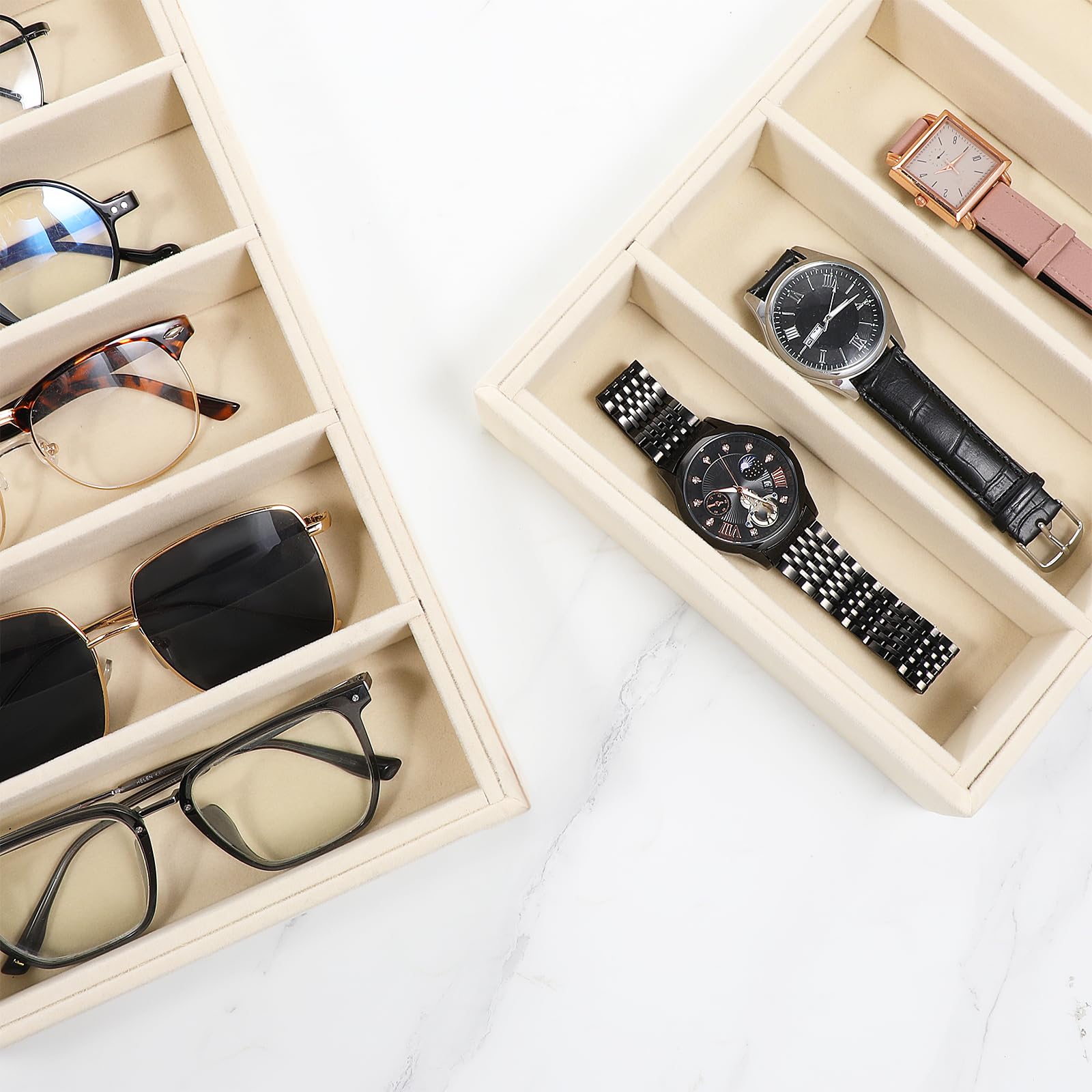 JJUNW 4 vassoi organizer in velluto per occhiali da sole, 6 griglie beige | Organizer per occhiali da sole, vassoio in velluto, impilabile, per esposizione di gioielli, occhiali, orologi