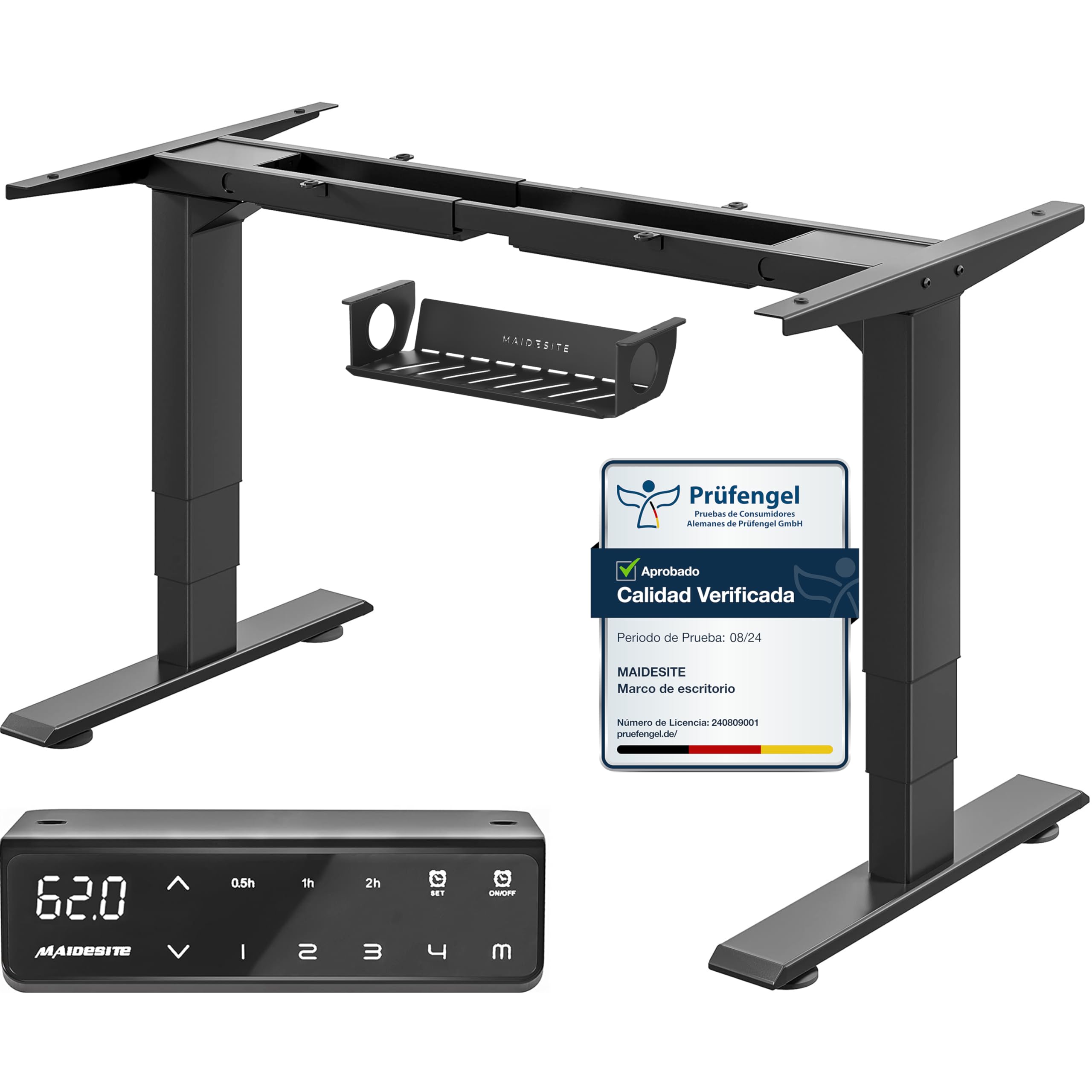 MAIDeSITe Marco de Escritorio de pie Altura Ajustable Eléctrica Doble Motor 3 Sección Patas Telescópicas con tecla de Memoria Automática Inteligente(Negro) | Ajuste de 62-125cm, Doble Motor Silencioso (<45dB, 40mm/s), Carga de 160kg, Acero al Carbono y 4
