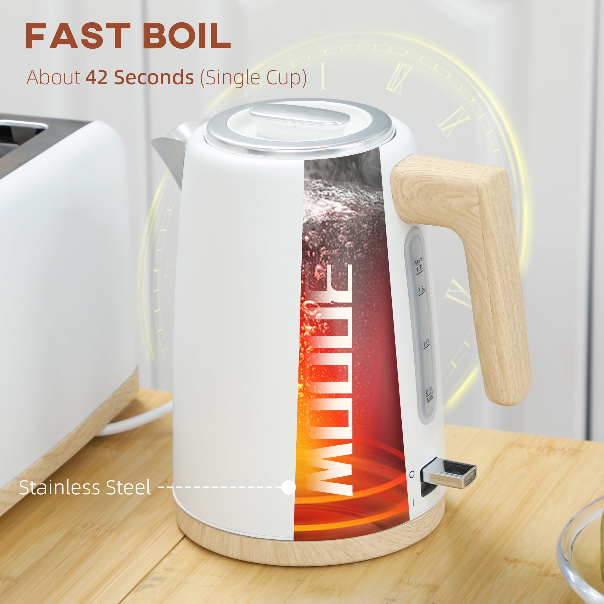 HOMCOM Set bollitore e tostapane 2200W, bollitore a riscaldamento rapido da 1,7 L e tostapane a 2 fette, 7 livelli di doratura - arresto automatico, protezione contro la bollitura a secco, bianco